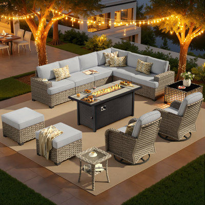 Carolle 13 Piece Patio Sectional Furniture With Swivel Rocking Chairs, Rattan Wicker Coversation Set With Glowing Coffee Table, Outdoor Sofa Set With Fire Pit For Outside Porch Balcony Backyard Pool