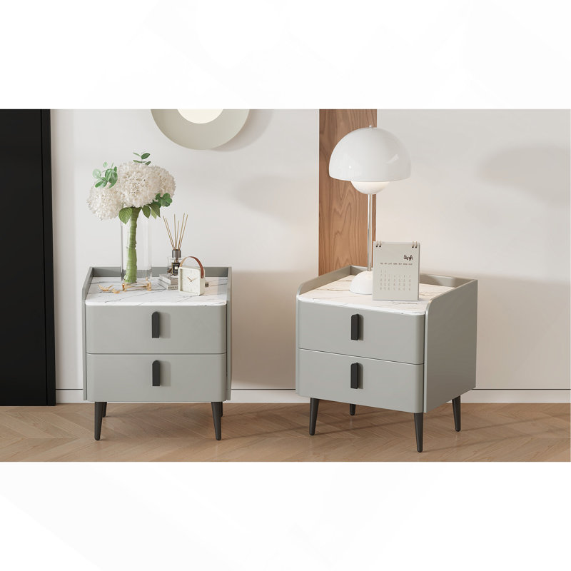 Ensemble de 2 tables de chevet, table de chevet avec 2 tiroirs et plateau de table en marbre, table d'appoint moderne, Gris