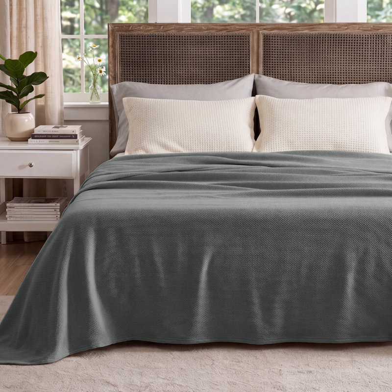 Couverture pour lit simple TG tissée à chevrons texturée, literie 100% coton douce pour les adolescentes, couverture d'été légère pour dortoir universitaire, gris foncé, 200 g / m²