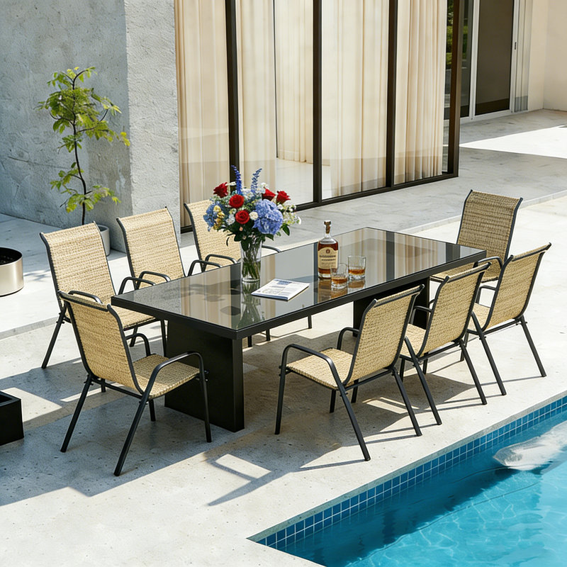 Chaises de patio empilables, tissu Textilène durable avec accoudoirs, cadre en métal robuste, chaises de salle à manger d'extérieur ergonomiques à séchage rapide pour la cour arrière et le bord de la piscine (brun, 8 pièces)