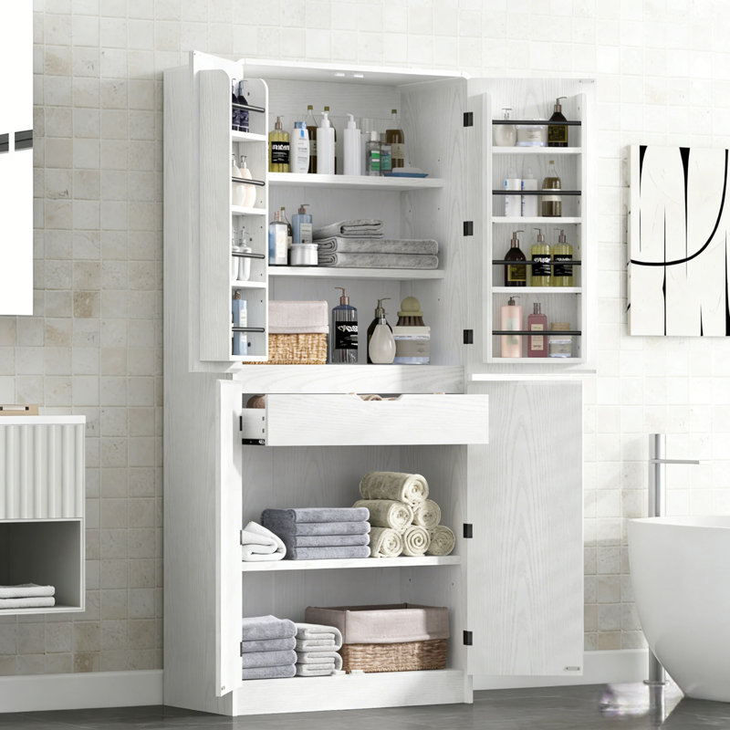 72" Tall Bathroom Storage Cabinet With 8 Door Shelves, Curved Design Storage Cabinet With 3 Adjustable Shelves, Hidden Drawer