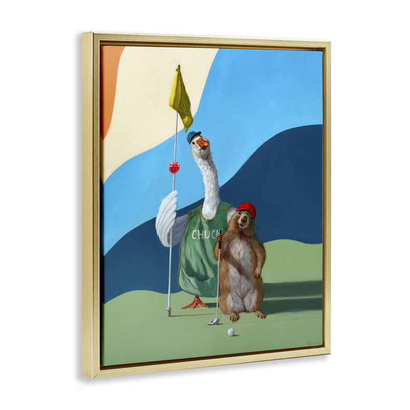 «Golfing Goose & Gopher», art mural sur toile par Lucia Heffernan, Cadre flottant métallique doré