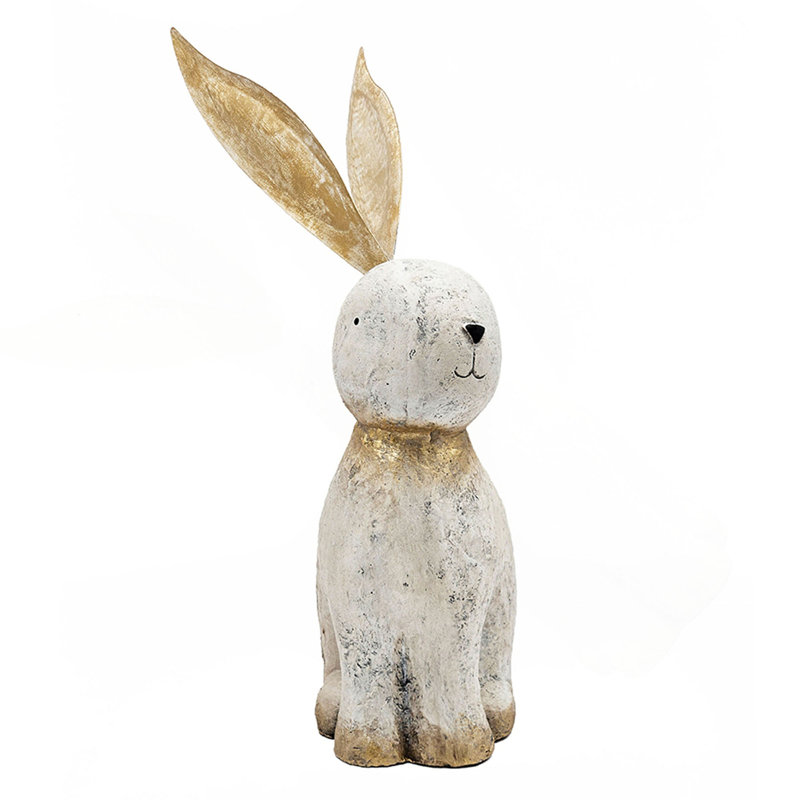 Figurine 13,8 x 6,1 x 20,9 po en forme de lapin en magnésium blanc avec oreilles en fer doré
