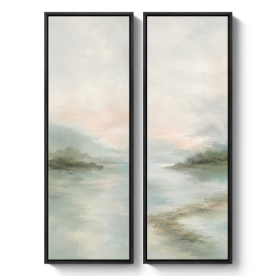 Paysage côtier brumeux bleu sauge – Ensemble de 2 impressions d'art encadrées sur toile 60"x20"x2, 60"x30"x2