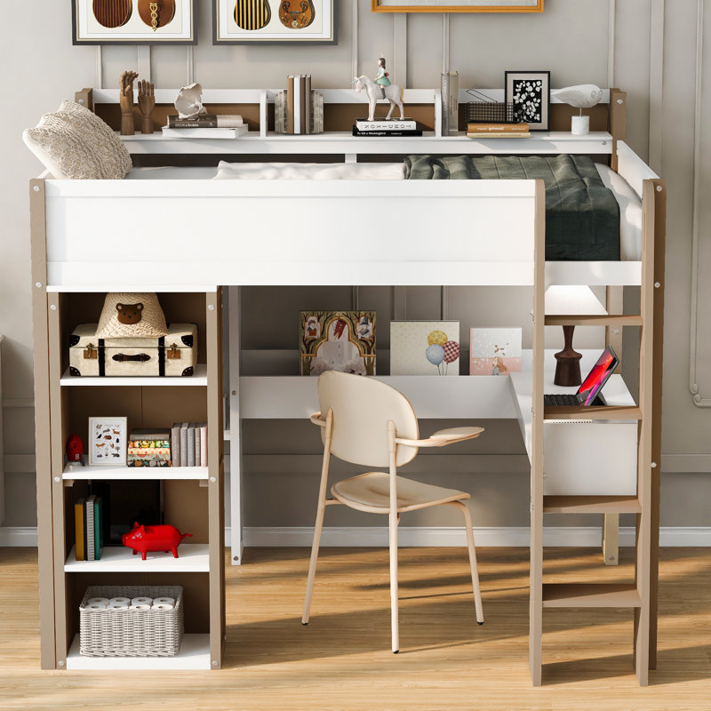Lit mezzanine double en blanc et naturel, avec tablettes de rangement et bureau intégré, pratique et moderne - conçu avec des tablettes, une tringle à vêtements, un espace d'étude, une construction