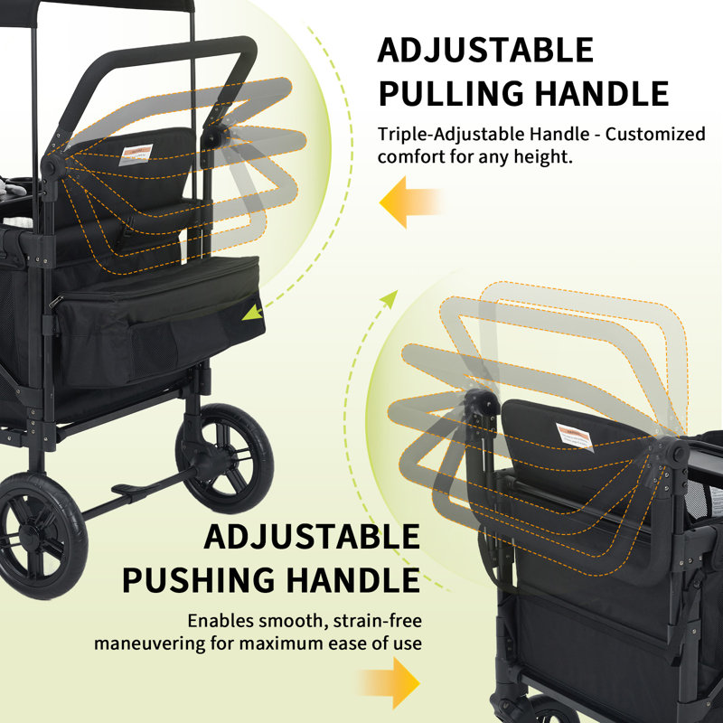 Poussette 4 places tout-terrain - Wagon de qualité supérieure pour enfants avec harnais de sécurité, plateau à collation, pavillon amovible, poignée réglable à pousser / tirer, roues pivotantes et fixes avec frein à une étape