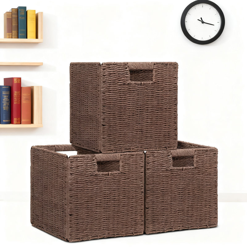 Handwoven Wicker Storage Baskets 3-Pack, Foldable Square Cube Organizer Bins For Shelves And Closets, Rustic Home Decor Storage Solutions
