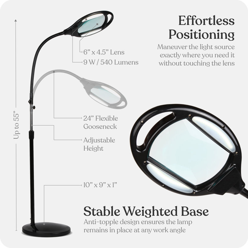 Lampe sur pied à DEL grossissante 2,25X avec col de cygne réglable Lightview Pro pour travaux manuels, lecture et zoom (5 dioptries) 