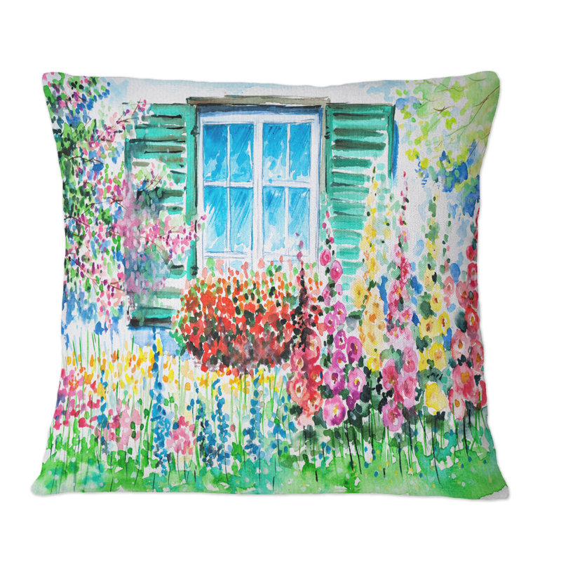 Géranium rouge devant une fenêtre bleue - Coussin Farmhouse, 18 po x 18 po