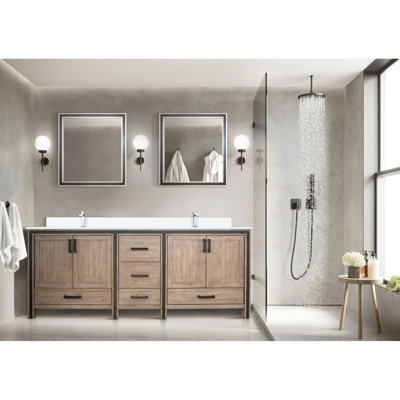 84 po L x P 22 po Meuble-lavabo rustique avec 34 miroirs - deux armoires et cinq tiroirs offrent des solutions de rangement suffisantes entièrement assemblées pour une installation rapide et facile Vaste option de facilité d'utilisation