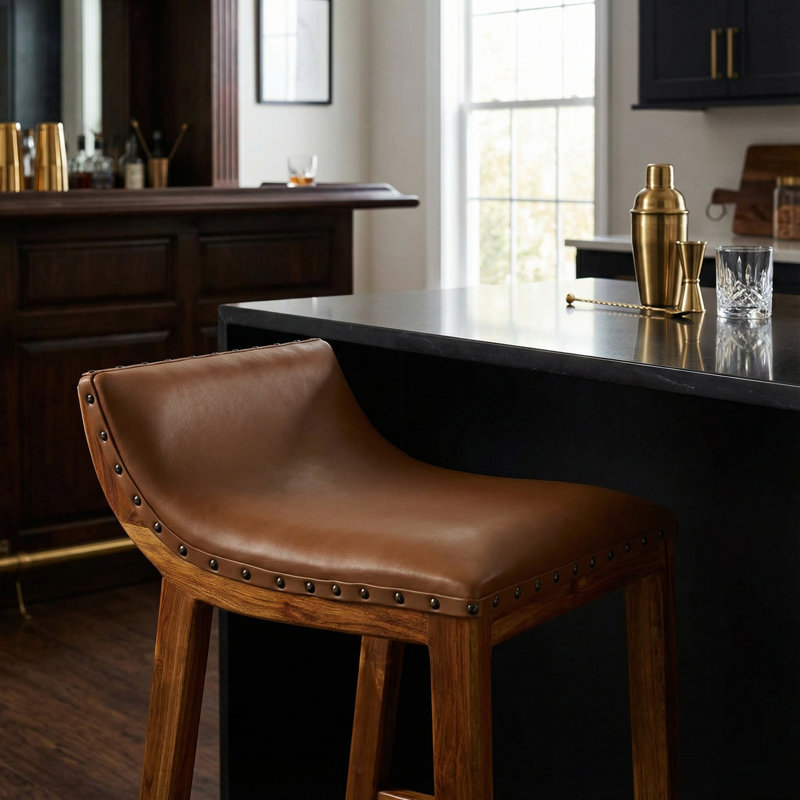  Luisa Counterstool in Light Tan Genuine Leather Seat and Solid Teak Wood Base with Brass Nailheads