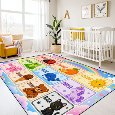 Tapis d'apprentissage lavable 240 x 300 cm pour enfants, idéal pour la classe, apprentissage des couleurs, personnages de dessins animés mignons, couleurs vives, tapis d'éveil pour la rentrée scolaire, adapté à la maternelle et à la garderie, envers en caoutchouc souple antidérapant
