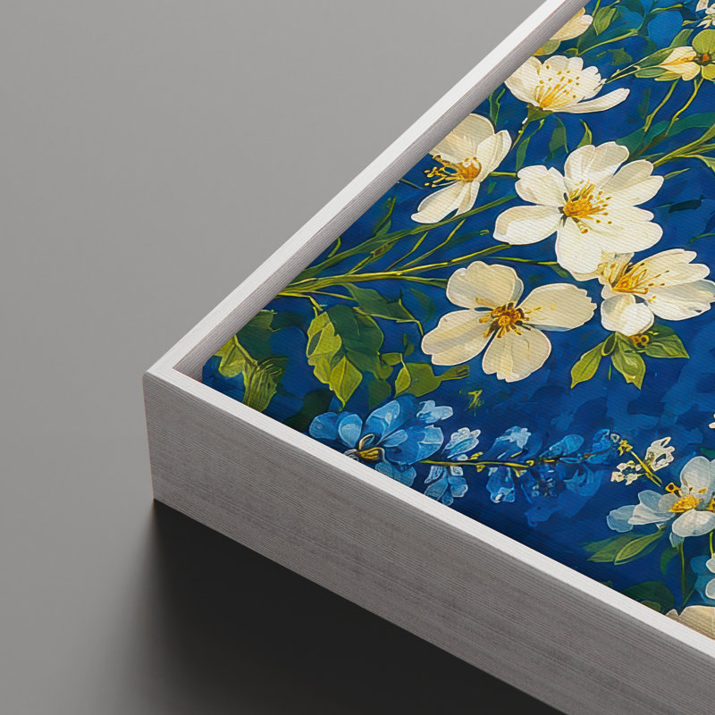 Art mural encadré - Fleurs blanches et jaunes vives sur fond botanique bleu - 16 po x 24 po, 24 po x 36 po, 24" H x 16" W