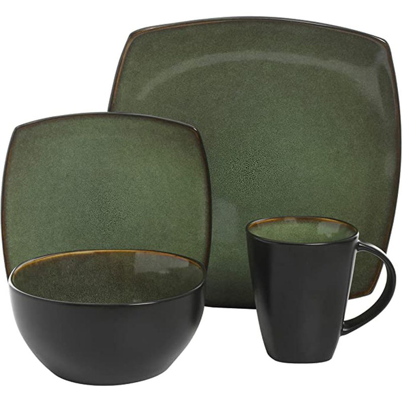 Ivy Bronx  Stoneware Dinnerware - Service for 4, Green/Black