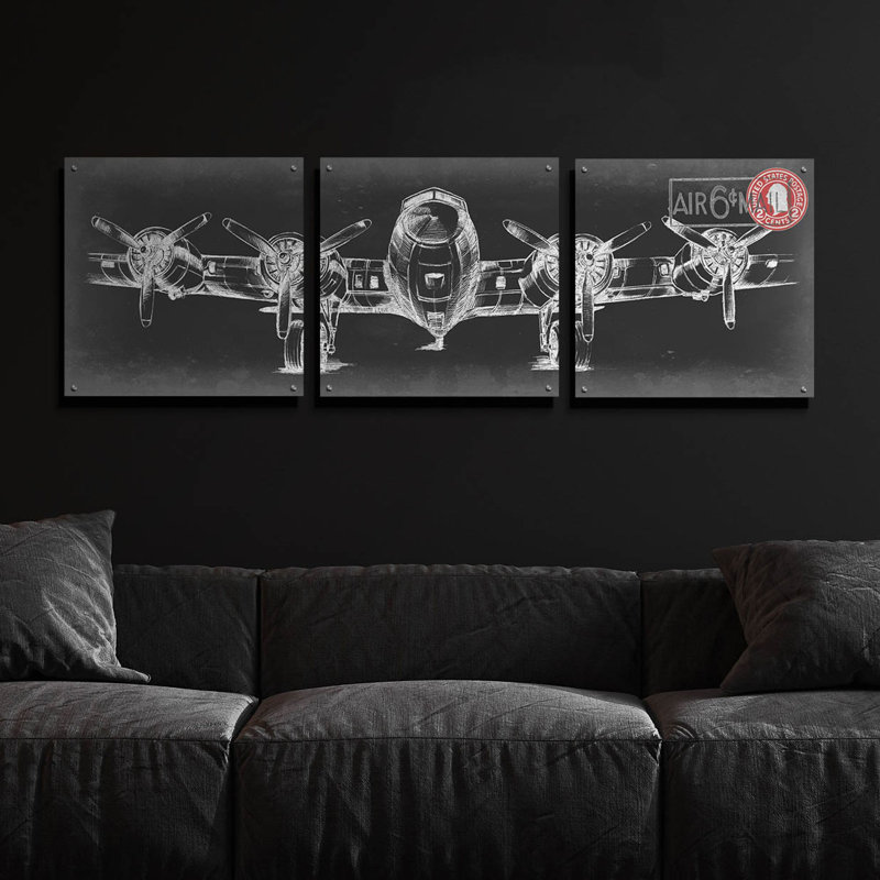 «Aeronautic Collection F» par Ethan Harper, ensemble d'art mural en verre acrylique, 3 pièces, H 24 po x l 72 po