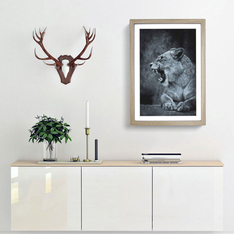 Fierce Lioness - Picture Frame Painting Print, 45cm H x 33cm W x 2cm D, Oak Framed
