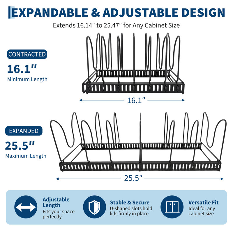 Couvercle de pot de cuisine télescopique pour cuisine, organisateur extensible en acier au carbone noir, support de rangement de comptoir pour casseroles et poêles