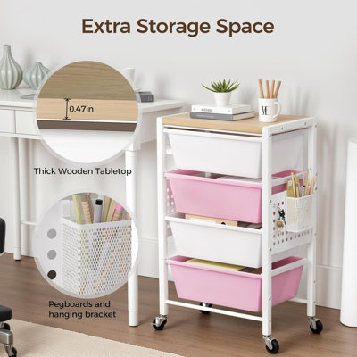 Rolling Cart With 4 Drawers, Plastic Drawer Storage Carts With Lockable Wheels & Wooden Tabletop, Metal Utility Cart With Pegboards & Hooks, Office Playroom Craft Organizers And Storage, Pink