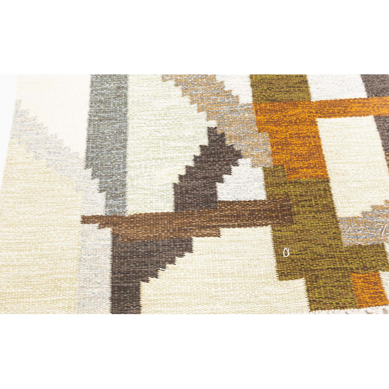 Tapis suédois rétro 5 pi 5 po x 7 pi 7 po signé Ingegerd Silow
