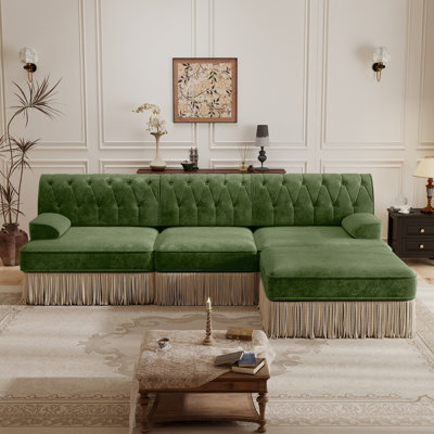 Luxurious Velvet Modular L Shaped Sectional Sofa With Ottoman,3-Seater Chesterfield Sofa With Tufted Design And Tassel Fringe Skirt