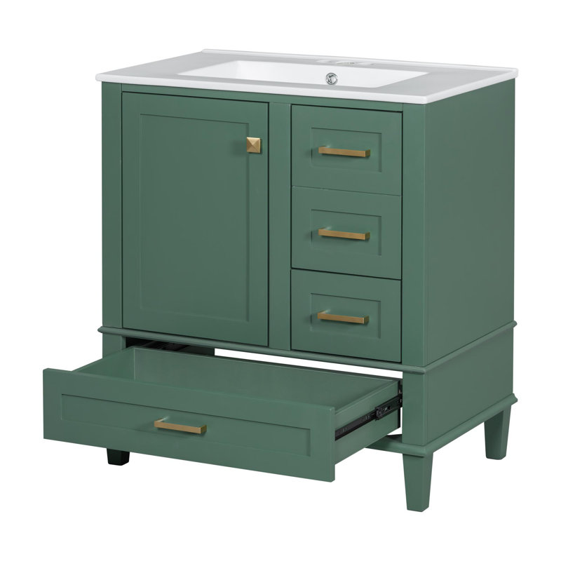 Meuble-lavabo avec rangement, Vert, Doré, 30"