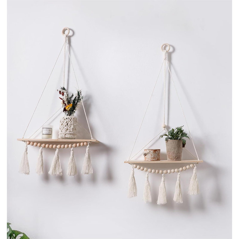 Macrame Wall Hanging Shelf,2 Pack Wood Shelves Boho Wall Shelf Decor, White Tassel