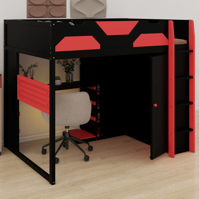 Versatile Wooden Loft Bed With Built-In Storage Shelves, Desk, Wardrobe, RGB Lights And USB Charging