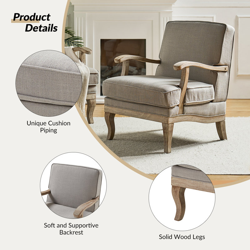 Amilio 71.1cm W Farmhouse Polyester Armchair with Solid Wood Legs Set of 2, Grey
