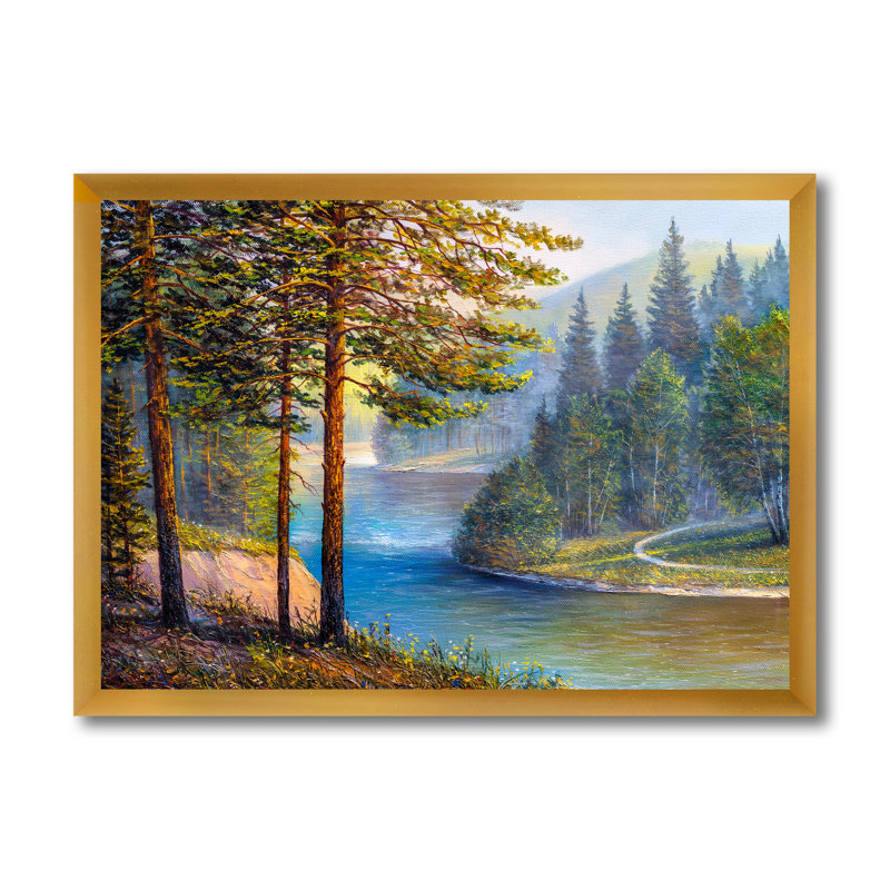 «Morning Sunlight Through The Pine And Fir Forest» - peinture sur toile, Encadrement doré, H 12 po x l 20 po x p 1 po