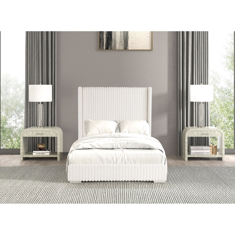 Lit double moderne blanc en tissu de chenille de fourrure, base en bois d'ingénierie, compatible avec les matelas pour le revêtement de la chambre à coucher, la structure et la salle à manger