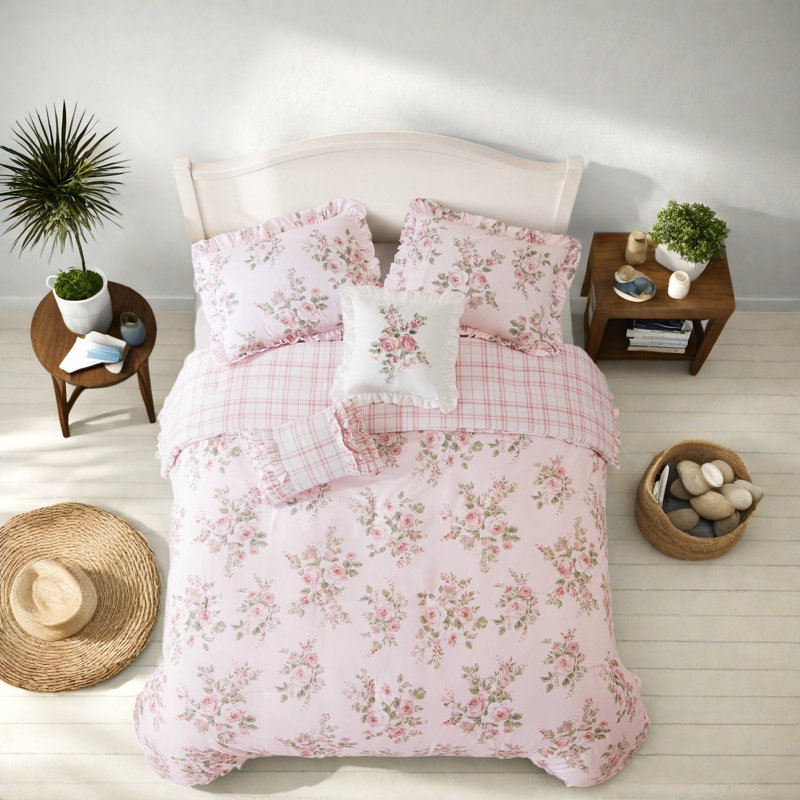 Ensembles de literie à fleurs roses, couette en microfibre pour lit double et queen, style chalet