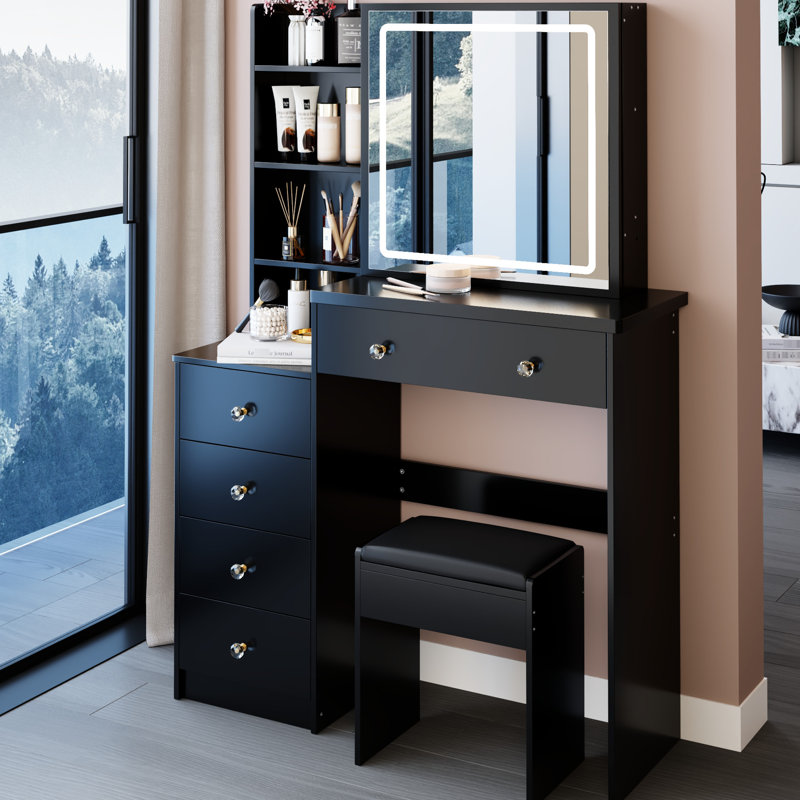 Table de chevet de chevet de 37 po avec tabouret rembourré, miroir coulissant de 24 po x 22 po, DEL tricolore à luminosité réglable, rangement élevé, ensemble de style américain noir