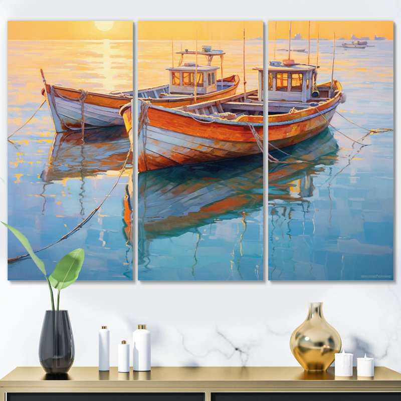 Deux bateaux dans le port III - 3 pièces sur toile tendue, H 32 po x l 48 po x P 1 po