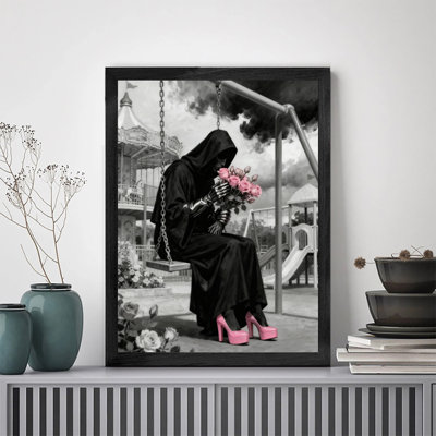 Black Framed Vintage The Grim Reaper in Amusement Parks Wall Art Absurd contrast art Style Framed Prints