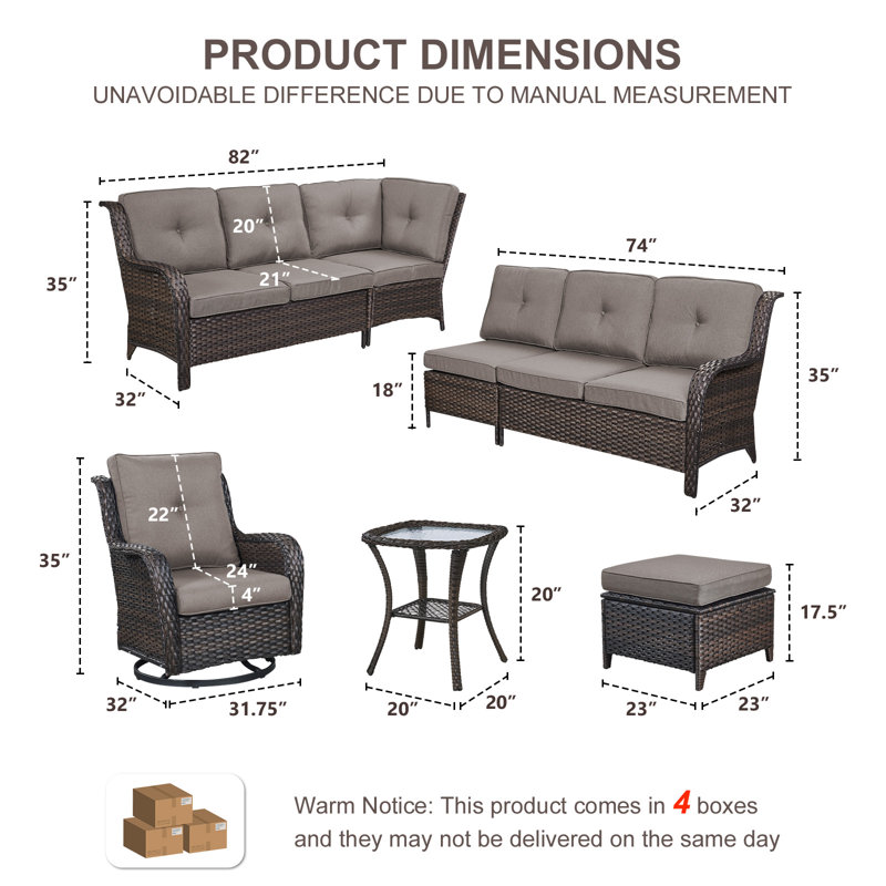 Ensemble de conversation extérieur en résine tressée de 6 pièces avec des chaises pivotantes, Gris