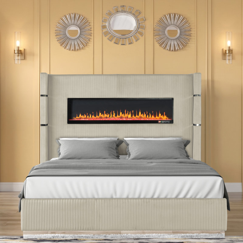 Ashray Upholstered Wingback Bed, Beige, Queen
