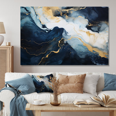Or et bleu, peinture abstraite sur marbre IV - Art mural abstrait en marbre