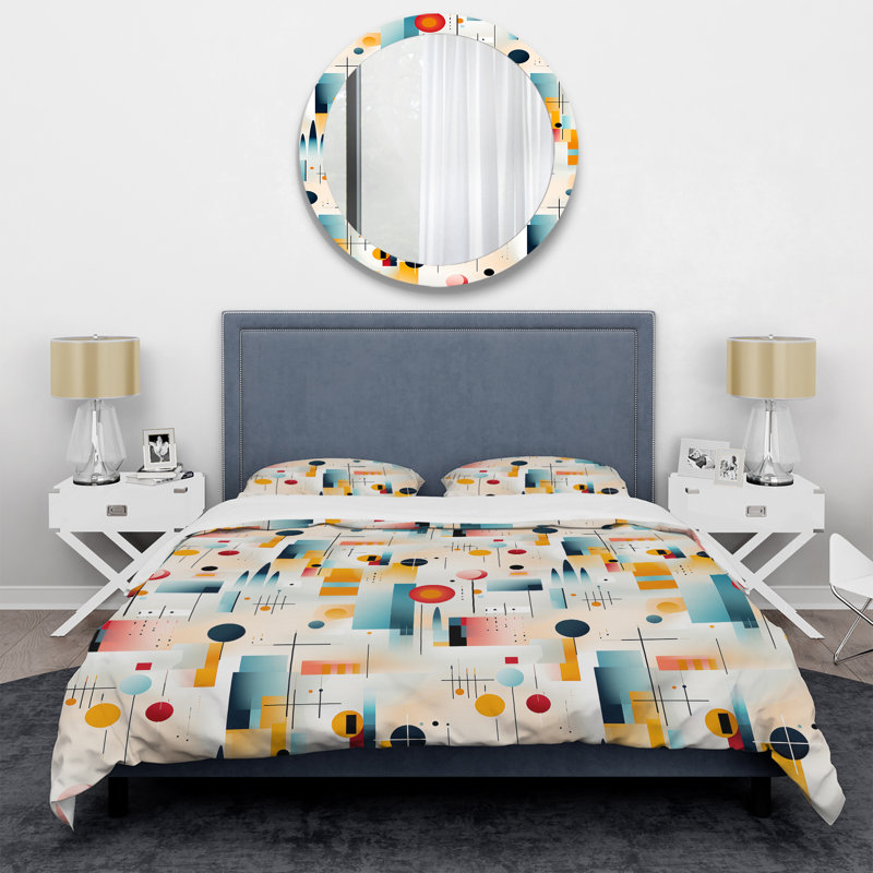 Ensemble de housse de couette en microfibre Allaya orange / bleu / beige, Housse de couette pour grand lit et 2 taies décor