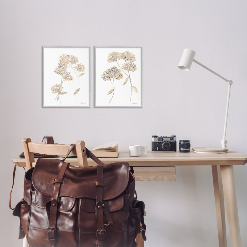 Plain Beige Blossom Sprig 2 PC Framed Giclee Art Set by Roy Ebert, 14" H x 11" W, Farmhouse Gray Framed Giclee