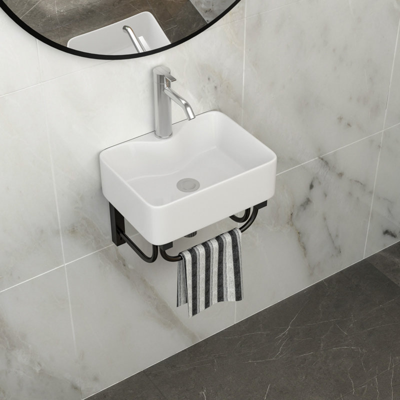 Lavabo de salle de bain mural rectangulaire en céramique 16 po x 12 po, barre à serviettes noire, trou de robinet | Idée de cadeau