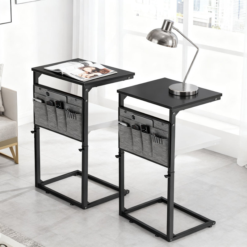 Ensemble de 2 tables de bout en forme de C, table d'appoint à hauteur réglable avec poches de rangement, table coulissante sous le canapé pour le salon et la chambre à coucher, conception peu encombrante