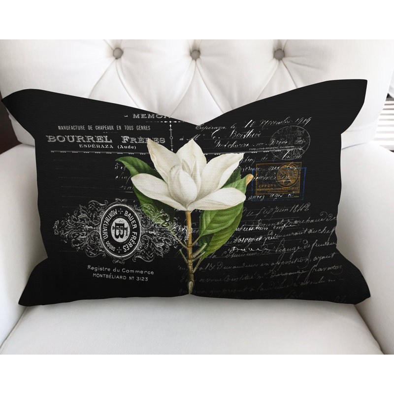 Floral Cotton Reversible Throw Pillow, Black