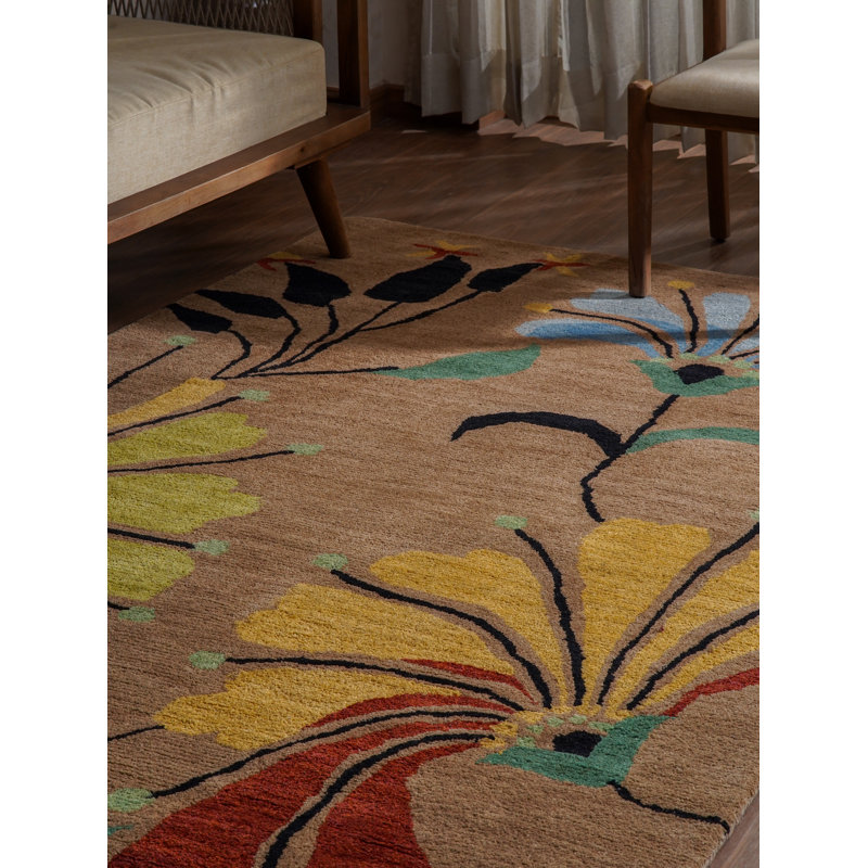 Tapis écologiques en laine touffetés à la main Styles - Rectangle, couleur chameau, motif floral moderne, tapis antidérapants faits à la main épais pour salon, chambre à coucher