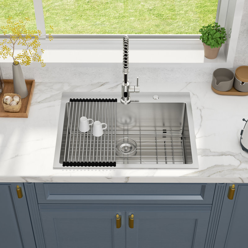 28" L x 22" W Drop-in Kitchen Sink 16 Gauge Stainless Steel Kitchen Sink Topmount Single Bowl Sink, Brushed Nickel