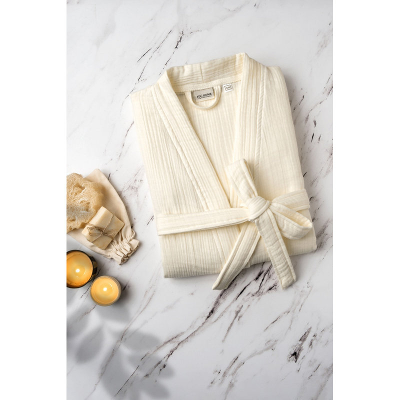 Peignoir 100% coton mi-mollet avec poches, P / M, Crème