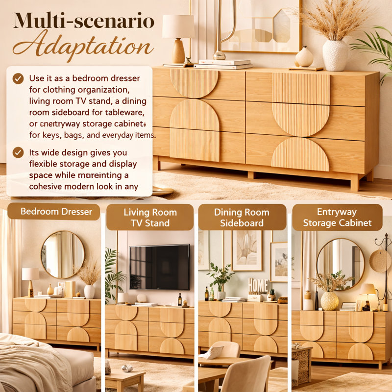 60"W 6 - Drawer Dresser, Natural