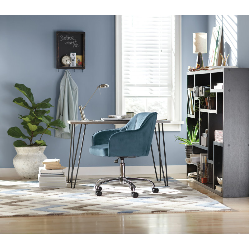 Atlantic Blue Velvet Fabric Swivel Task Chair with Polished Chrome Base
