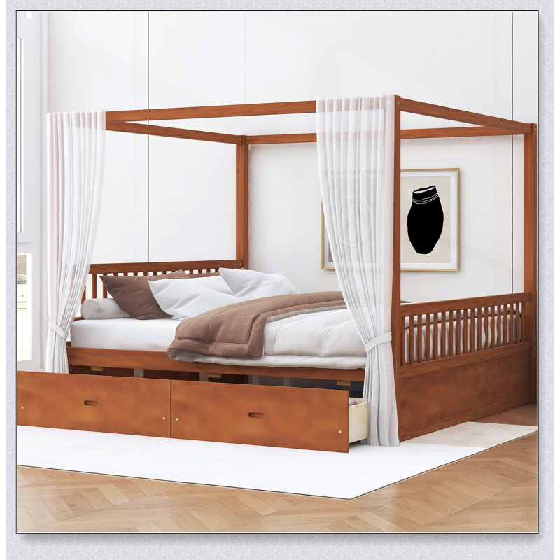 Wooden Canopy Bed With Storage Drawers, Noyer, Grand lit