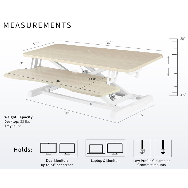 Steel Standing Desk Converter, Light Wood/White, 36"
