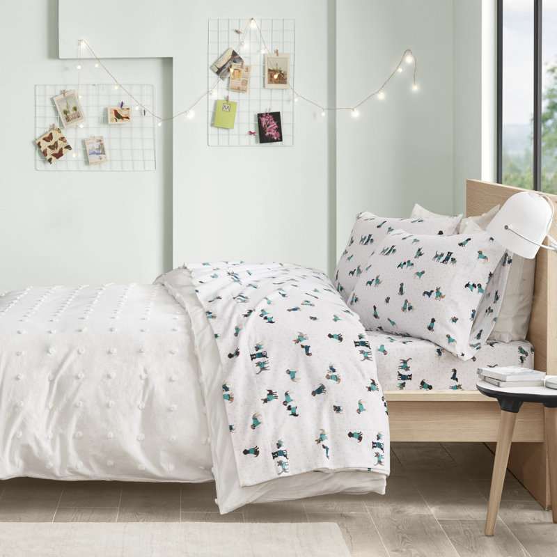 Ensemble de draps 100% flanelle de coton Cozy, Ensemble de draps pour grand lit avec drap-housse, Chiens bleu sarcelle